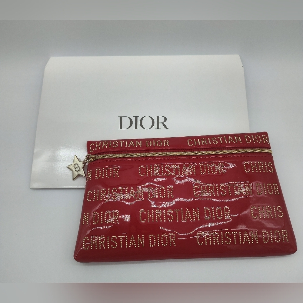 DIOR Red Patent Studded Logo Cosmetic Pouch Star Charm NIB Limited Edition